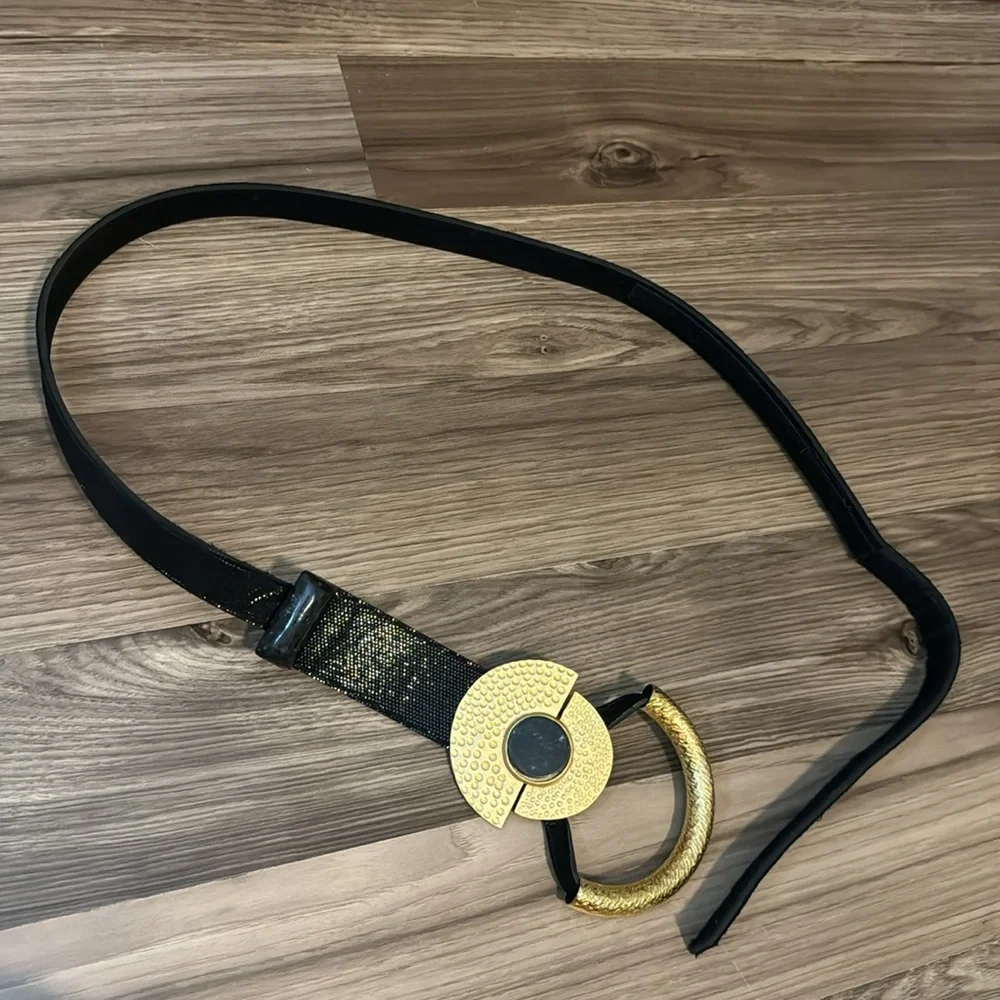 Anthony Alexander Vtg Gold Matte Hammered Gem Stones Black Leather Sling Belt